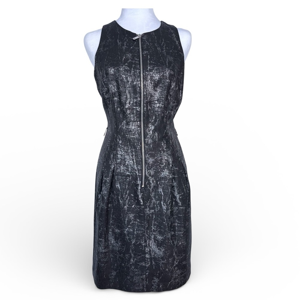 Michael Kors Silver Metallic Snake Zip-Front Sheath Black Dress Size 8 Corporate - Picture 2 of 7